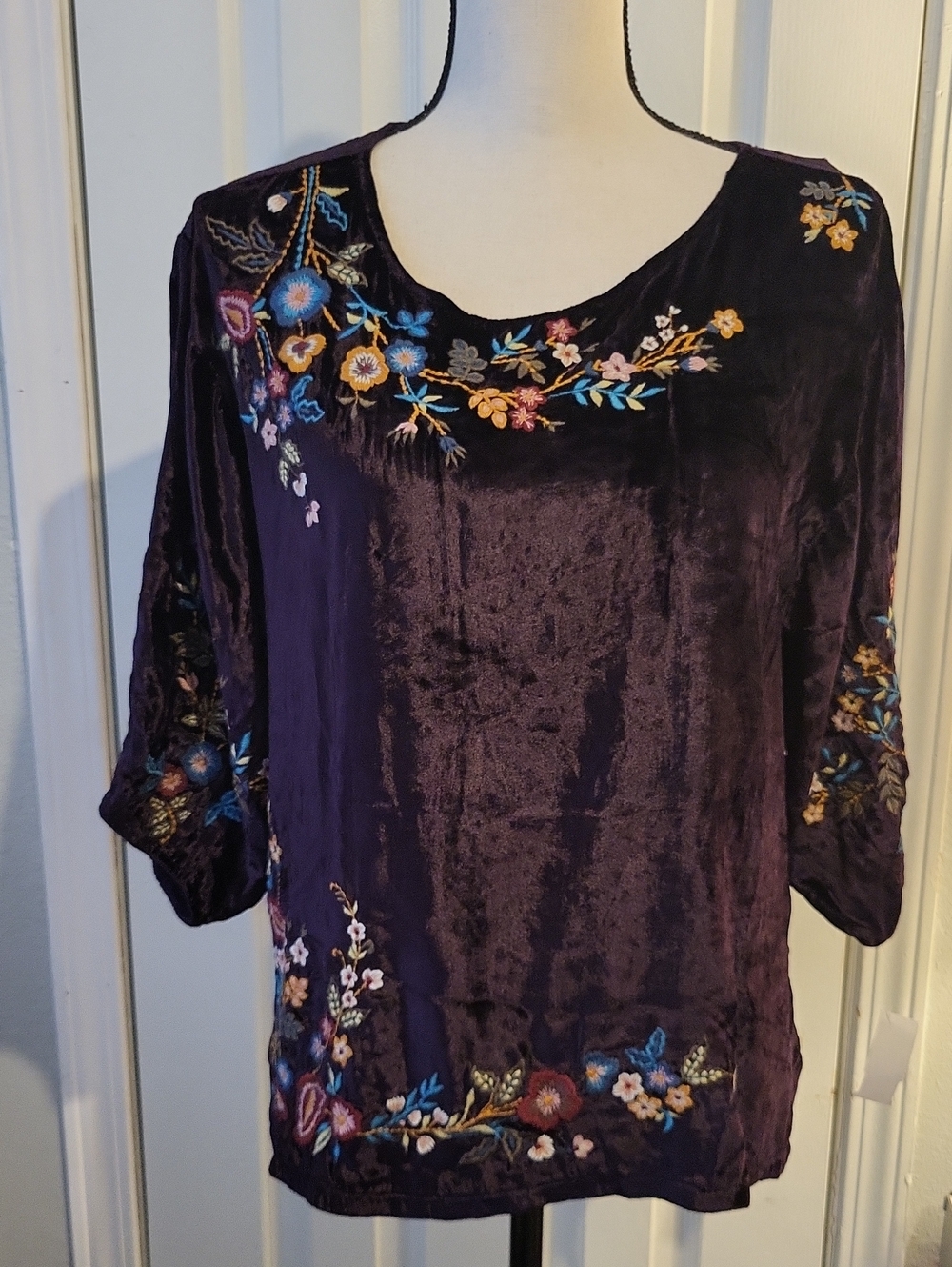 Kyla Seo Velvet Embroidered Scoop Neck Top - Deep Plum